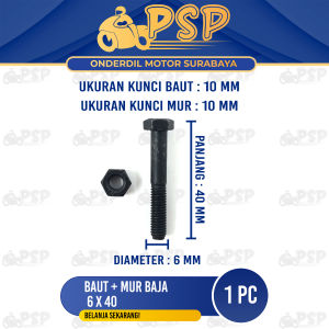 Baut Baja 6x40 (+ Mur) Harga 1 PC - Baud Mor Baja M6 Bibir Topi 6mm Panjang 40 mm Kunci 10 Universal