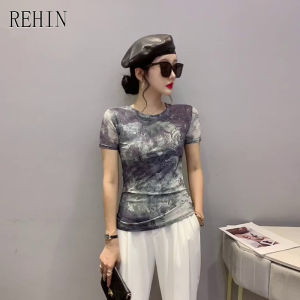REHIN Womens top Swoosh grey mesh short-sleeved T-shirt round collar slim and thin elegant blouse S-3XL