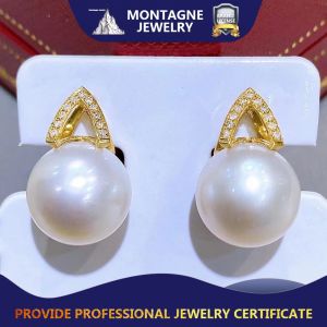 Montagne Jewelry 18K Pure Gold Earring Pyramid Design Fine Jewellery Natural 11-10mm Seawater White Pearl Flawless Pearl Earring Stud Earrings