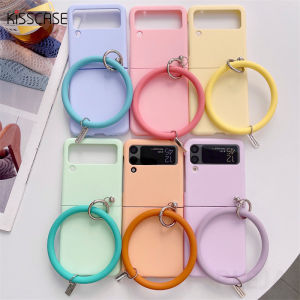 KISSCASE For Samsung Z Flip4 5G Flip3 Cute Rubber Bracelet Hard Cover For ZFlip3 Flip4 Macaron Plain Color Shell Hand Ring Phone Case For Samsung Galaxy Z Flip 4 5G Z Flip 3 Cover