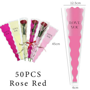 【50pcs】Transparent Plastic Gift Packaging Bag Bouquet Bag Wavy Edge Design Valentines Day Single Flower Rose Packaging