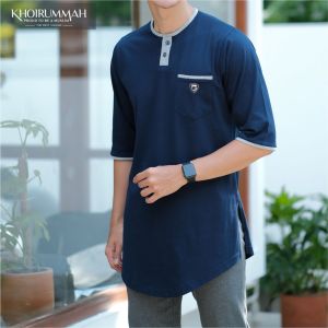 KHOIRUMMAH Koko Kurta Badar | Kaos Koko Pria | Kurta Pakistan Polos | Koko Kurta Dewasa Lengan 3/4 | Navy