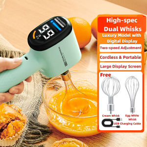Electric Hand Mixer Wireless Hand Mixer Cordless Egg Beater Electric Egg Whisk 2-Speed 1300RPM Digital Display 304 Stainless Steel for Baking Cream and Eggs