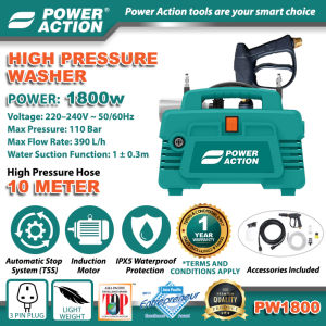 POWER ACTION PW1800 High Pressure Washer 1800W Induction Motor 1 Year Warranty 110 Bar Water Jet Cleaner 10m Hose for Car & Motorcycle Automatic Stop System (TSS) Portable Waterjet / Mesin Cuci Kereta Cuci Motorsikal / Car Wash / 高压洗车机