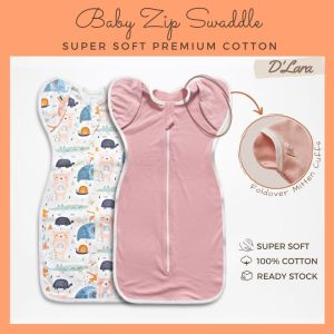 DLARA Cotton Baby Zip Swaddle Arms Up with Foldover Mitten Cuffs Transition Swaddle Bedung Zip bayi