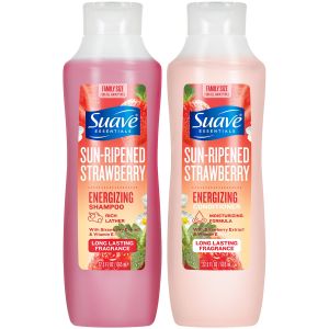 Suave Sun-Ripened Strawberry Shampoo & Conditioner for Women 22.5 Oz Ea    Rich Lather Shampoo & Moisturizing Conditioner Strawberry Extract & Vitamin E    Family-Size Bottles    Long-Lasting Fragrance
