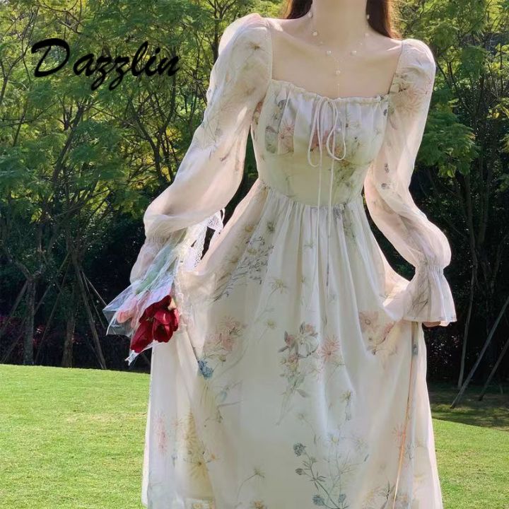 Dazzlin Spring and Summer New Style Beautiful Long Sleeve Chiffon Dress  Fairy Lady Super Fairy Mori Style Gentle Tea Break French First Love Chiffon  Dress Floral A-Line Dress - Lazada