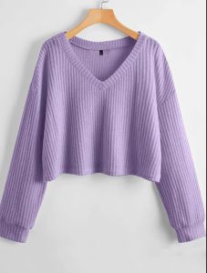 Blouse Crop Rajut Waffle Leher V-Neck Motif Polos Gaya Korea