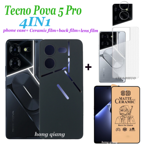 (4in1)For Silicone Soft Cover Tecno Pova 5 Pro Pova 5 Case Black Frosted Shockproof Phone Case+Ceramic Soft Film+Lens Film+Back Film