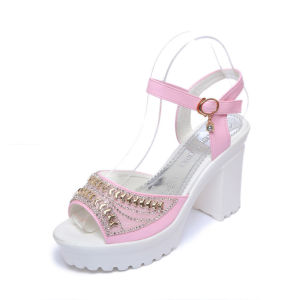 [Free Shipping] Womens Summer Korean Style Platform High Heel Chunky Heel Waterproof Buckle Peep-Toe Sandals with Rhinestones