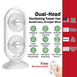 Opolar 10000mAh Oscillating Tower Fan Double Fans Remote Control LED Portable Desk Rechargeable USB Table Kipas Meja