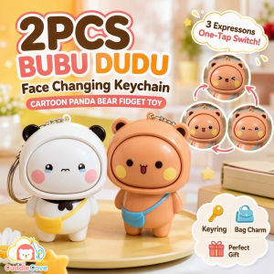 CuddleCove Cartoon Face Changing Keychain Set 2pcs Panda Bear Fidget Toy Bag Charm Key Ring Gift