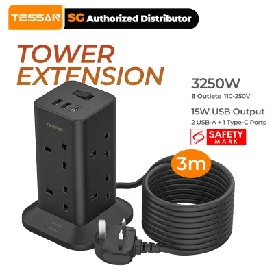 TESSAN SG - SG Safety Mark 8 Outlets Tower Socket Extension Tower with USB Type C Surge Protector Power Strip Black