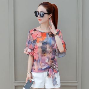 HerStore ชุดเดรสฤดูร้อนผ้าชีฟองลายดอกไม้สำหรับผู้หญิงแขนสั้นทรงหลวมมีเชือกคลุมท้องมหาสมุทร