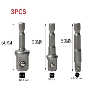 INVADER 3Pcs/Set Square Head Socket Bit Adapter 50mm Chrome Vanadium Steel Impact Drill Socket Adapter  1/4" 3/8" 1/2" Hex Shank Bar Socket Adapter Electric Tool Accessory