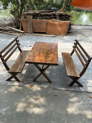 Bộ bàn ghế sân vườn gỗ tự nhiên 1 bàn 2 ghế băng có tựa lưng