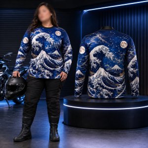 Womens Plus Size Japanese Wave Graphic Long Sleeve Motorcycle Riding Jersey Quick Dry Top LA011