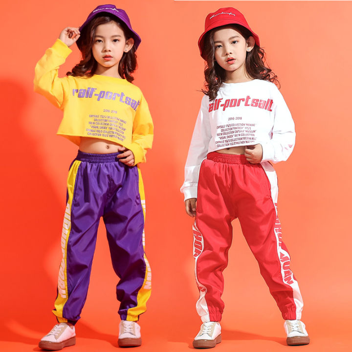 Girls Hip Hop Dance Clothes Crop Top Cargo Pants Sets Active Outfits