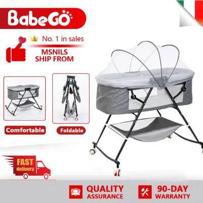 BABEGO high quality 2 in 1 Rocker Crib Portable Baby Bed Cradle Bassinet Portable Baby Crib Co Sleeper Baby Rocker Bassinet Crib with Wheels and Mosquito Net Baby Bedside Crib