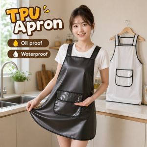 Yummy.miya TPU Waterproof Oil Proof Kitchen Apron Transparent Pocket Back Tie Sleeveless Uniform Black White