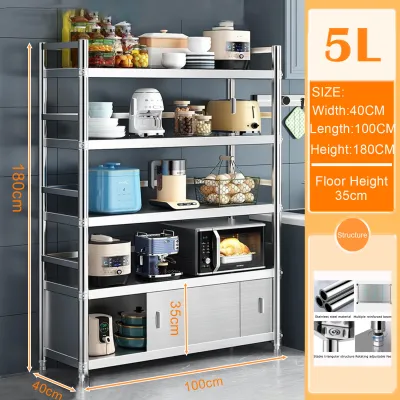 BMZAR Stainless Steel Kitchen Storage Cabinet Rack Sliding Door Floor Cabinet Heavy Duty Microwave Oven Organizer Shelf Food Storage Cabinets