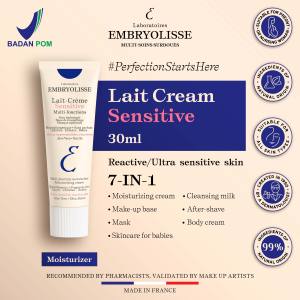 Embryolisse Lait-Creme Sensitive 30ml – 7 IN 1 : Pelembab Moisturizer Wajah + Makeup Cleanser Remover + Makeup Base Primer + Masker + Suncare + Cream After Shave + Pelembap Moisturizer Baby Anti Ruam Bayi - Rekomendasi MUA dan Artist Hollywood - 1x