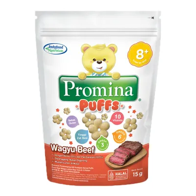 PROMINA PUFF MPASI SNACK BAYI POUCH EKONOMIS 8 BULAN INSTAN BEBAS GLUTEN OMEGA 3 6 ZAT BESI BANANA WAGYU BEEF STRAWBERRY APPLE BLUEBERRY APEL CEMILAN ANAK MAKANAN SUSU FORMULA IBU DAN BAYI GROSIR MURAH RENCENG ECERAN 8+ INDOFOOD