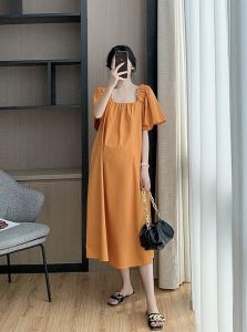 (COD)Alisa.sonya Womens Summer New Cotton Long Skirt Korean Minimalist Casual Square Collar Loose Short Flounce Sleeves Korean Style Dress