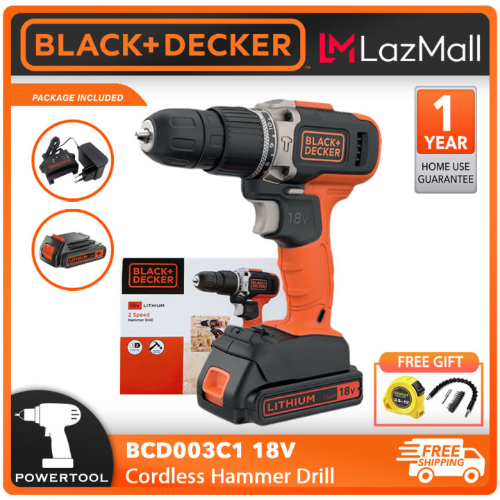 BLACK & DECKER Hammer Drill 18V 1.5AH Battery 2 Speed Cordless Hammer ...