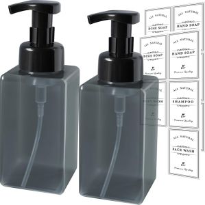 Foaming Soap Dispenser 2 Pack Refillable Foam Soap Dispenser (Dark Grey) with 10 Pcs Waterproof Labels Plastic Hand Soap Dispenser Pump Bottle Container (15oz 2 Pack Transparent Black)