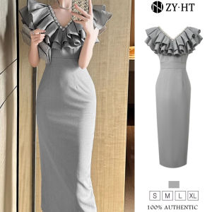 ZYHT EraVogue Womens Dresses Grey Dresses Shoulder Dresses V-Neck Dresses Work Dresses Hiso Dresses Vintage Dresses Work Dresses Party Dresses Evening Dresses 30869