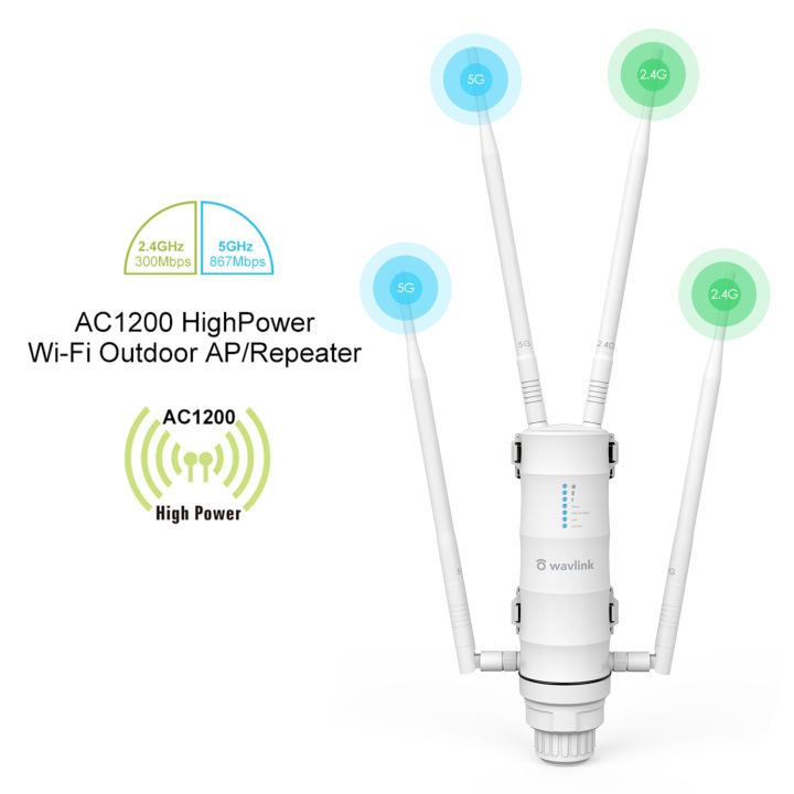 WAVLINK AC1200 High Power Outdoor Weatherproof WiFi Range Extender/Wireless Access Point/mesh agent with Passive POE, Dual Band 2.4GHz 300Mbps+5.8 GHz 867Mbps, 4x7dBi Detachable Omni Directional Antennas, Easy Mesh Technology Supported, No WiFi Dead Zones