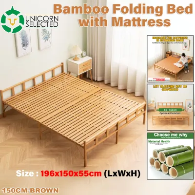 Unicorn Selected 451 Folding Bamboo Wood Bed frame Rental Room Board Adult Household Bed with Mattress