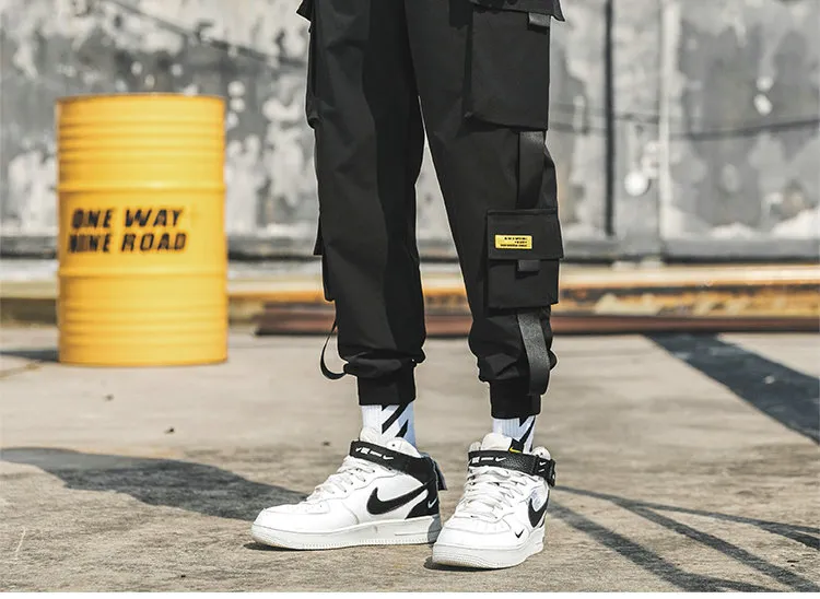 Cheap Hip Hop Joggers Men Black Multi-pocket Ribbons Man Sweatpants  Streetwear Casual Mens Pants