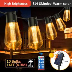 (With/No Remote)Solar Outdoor String Lights 26FT S14 Waterproof Patio Lights with Shatterproof Bulbs Heavy Duty Hanging Lights for Backyard Garden Porch Wedding Party