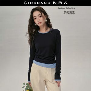 GIORDANO Women T-Shirts Fake Two-Piece Asymmetric Hem Tee Crewneck Long Sleeve Fashionable Casual T-Shirts 18326520