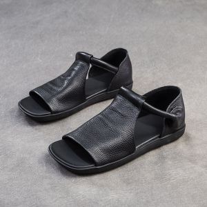 Soft Leather Sandals With Heel Strap Korean Style Thick Non-Slip Sole Vintage Design Comfortable To Wear Breathable Size 36-40.