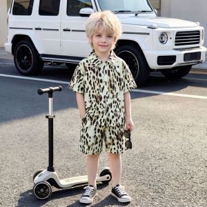 Children Summer Suit Boys Thin Lapel Top Baby Short-Sleeved Shorts Middle Small Children Loose Trendy Leopard Print Shirt