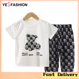 Yesfashion Store IN stock2 Pcs/set Children Suit Cotton Cartoon Bear Short Sleeve T-shirt + Trousers Suit For 2-8 Years Old