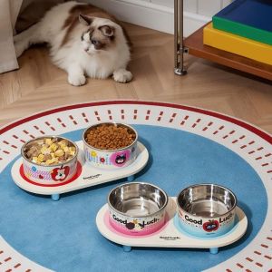 OUTOPEN Stainless Steel Double Cat Bowl Large Capacity Cartoon Pet Food Feeder Cute Neck Protection Cat Water Bowl for Cats Dogs