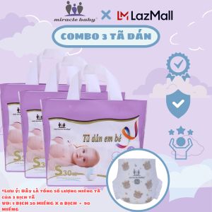 [COMBO 3 Bịch] Bỉm tã dán sơ sinh thương hiệu Miracle Baby chất liệu tơ tằm mịn màng thông thoáng làn da của bé có 5 size S30/M26/L24/XL22/XXL20
