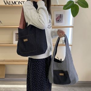 COSE Korean Style Double Sided Plaid Denim Vest Bag Retro Cloth Denim Shoulder Bag Casual Large Capacity Bohemian Messenger Bag Women