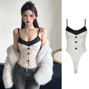 TANFU Hollow Lace Bow Bodysuit Deep V Neck Transparent Women Lingerie Spicy Girl Style Sleeveless Lace Mesh Jumpsuits Gifts