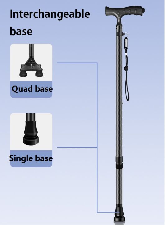 Quad Base Carbon Fiber Walking Cane with LED with Interchangeable