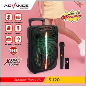 ADVANCE Speaker Portable 12 Inch S-120 dengan Mikrofon Wireless dan LED Kapasitas Baterai 2400mAh - Hitam