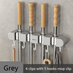 Broom Mop Holder with Hooks Wall Mop Bracket Multifunctional Self-Adhesive Bathroom Kitchen Mop Hanging Rack