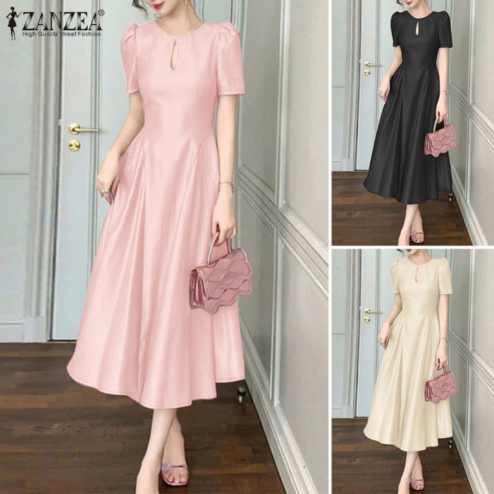 Esolo ZANZEA Korean Style Women Summer Dresses Dress Puff Sleeve Satin  Waisted Glossy Sundress #0505 | Lazada PH