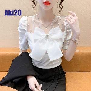Aki20 Blouse for Woman 2024 Summer New Design Fashion V-neck Beaded Short Sleeve Bow Blouse Korean Style T-shirt Women Blouse Blouses for Women Styles 2024 Baju Perempuan