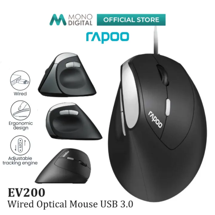 RAPOO EV200 WIRED ERGONOMIC VERTICAL OPTICAL MOUSE WITH 1600DPI 3 BUTTONS INCLUDING 2D NON SLIP SCROLL WHEEL USB 3.0