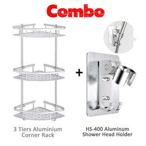 2 Tiers Aluminium Corner Rack Two Layer Kitchen Bathroom Shower Shelf with 2 Hooks - Silver